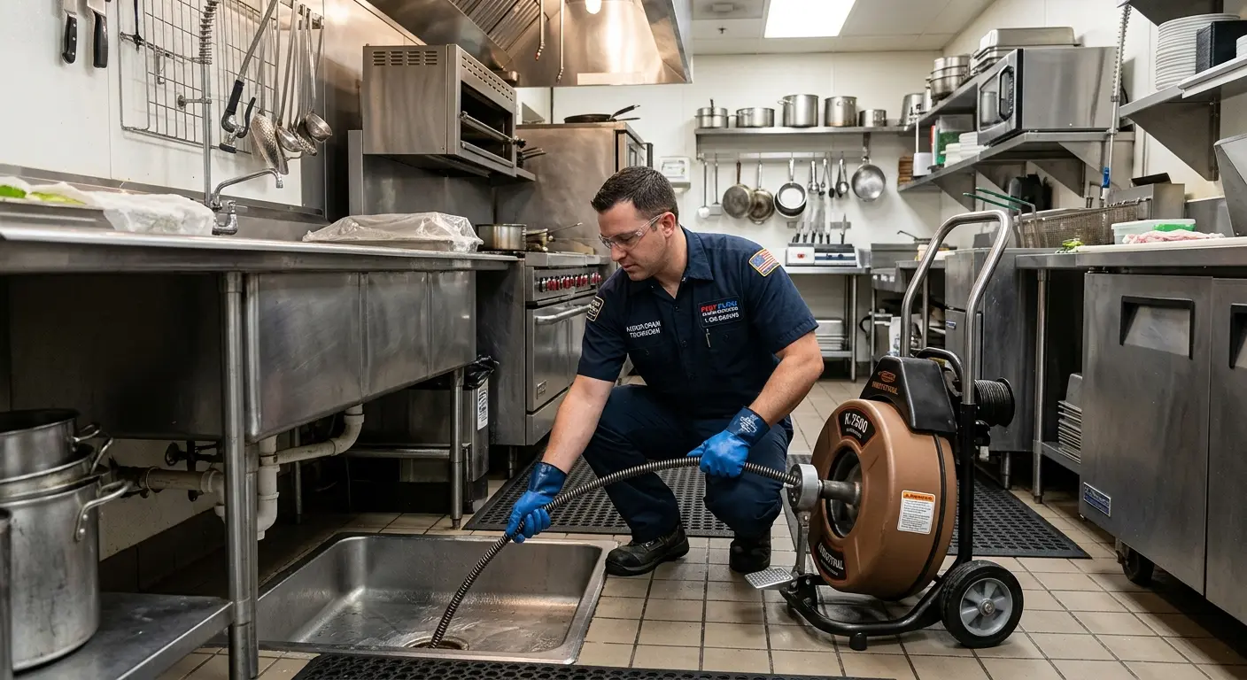 Commercial drain cleaning service in a restaurant kitchen in Rainbow City