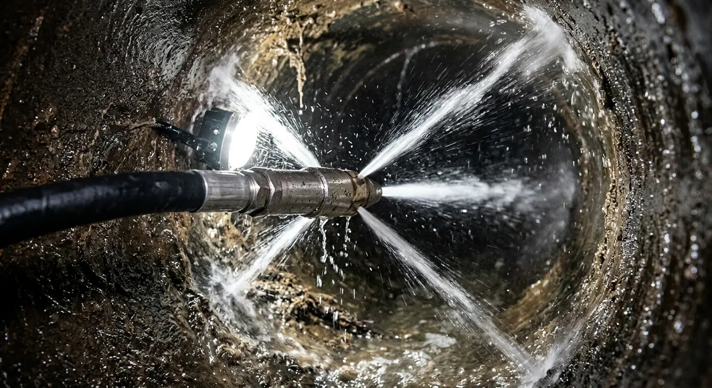 High-pressure hydro jetting nozzle cleaning sewer pipe for Emergency Drain Service in Rainbow City