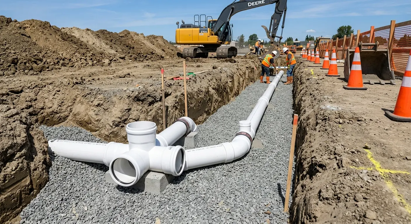 New PVC sewer pipe installation in open trench for Sewer Backup in Rainbow City