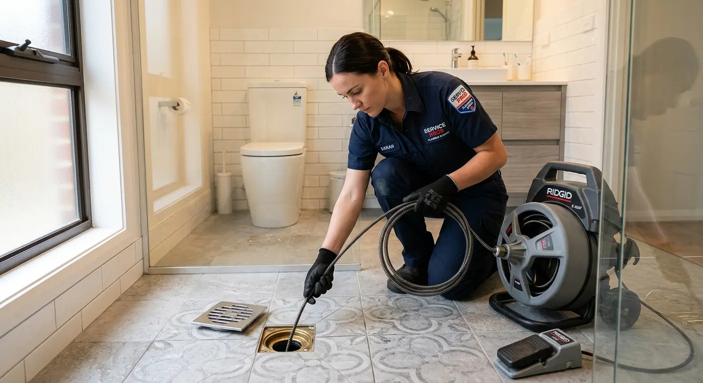 Technician clearing a bathroom floor drain for Drain Cleaning in Rainbow City